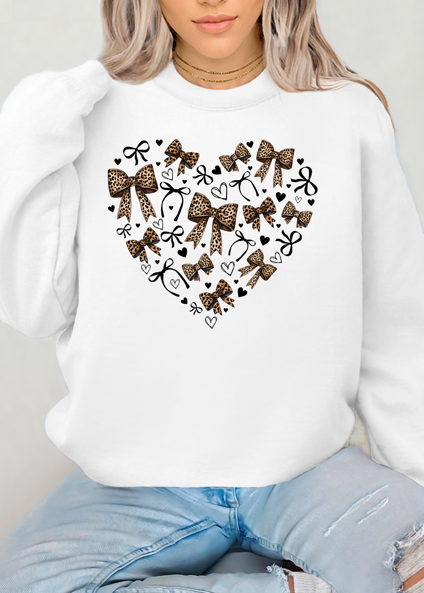 COQUETTE BOW WITH LEOPARD PRINT  CREW NECK SWEATSHIRT