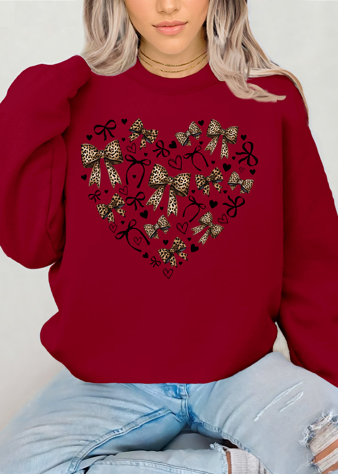 COQUETTE BOW WITH LEOPARD PRINT  CREW NECK SWEATSHIRT