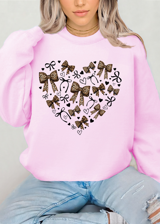 COQUETTE BOW WITH LEOPARD PRINT  CREW NECK SWEATSHIRT